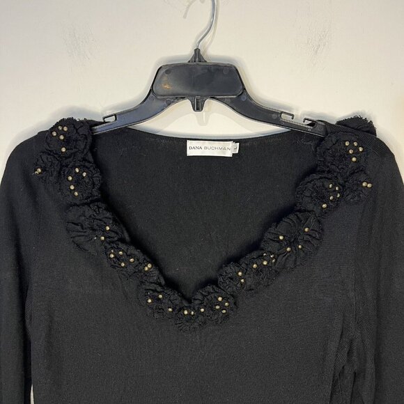 Dana Buchman Sweater L Black Studded Floral Applique Pullover Top Size Large - Picture 3 of 9